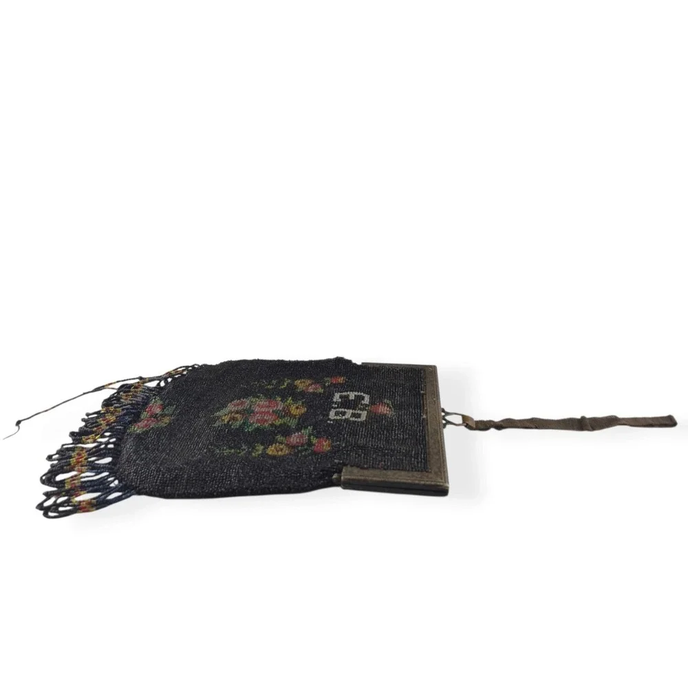 Antique Victorian Micro Beaded Purse Velvet Lining Monogram EB Double Sided 9